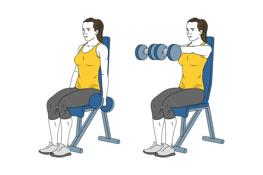 Elevación frontal de hombros con mancuernas sentado agarre en pronación