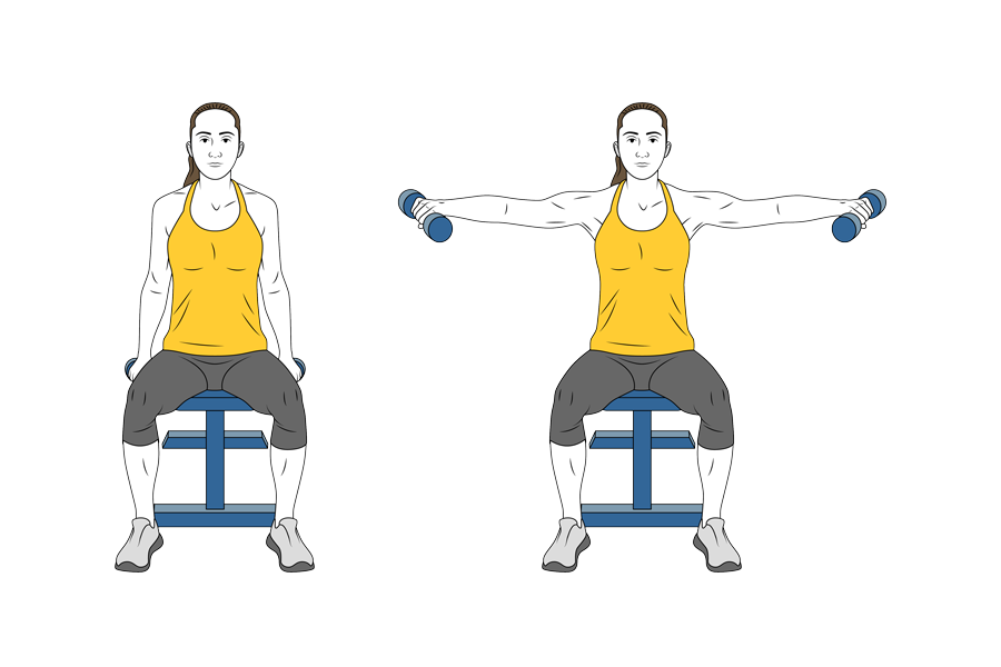 Elevación lateral con mancuernas sentado en banco