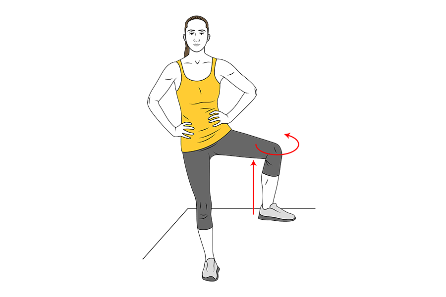 Rotación externa de cadera de pie con rodilla levantada